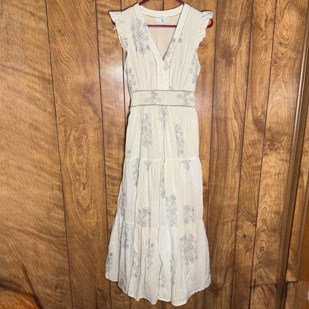 Lucky Brand Floral Cotton Maxi Dress White Blue Flutter Sleeve Boho Tiered XS